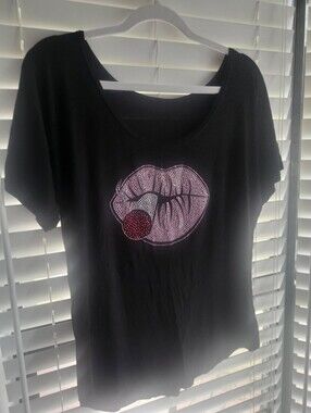 KID ROCK Concert Black Women's Rhinestone Lip Graphic Tee